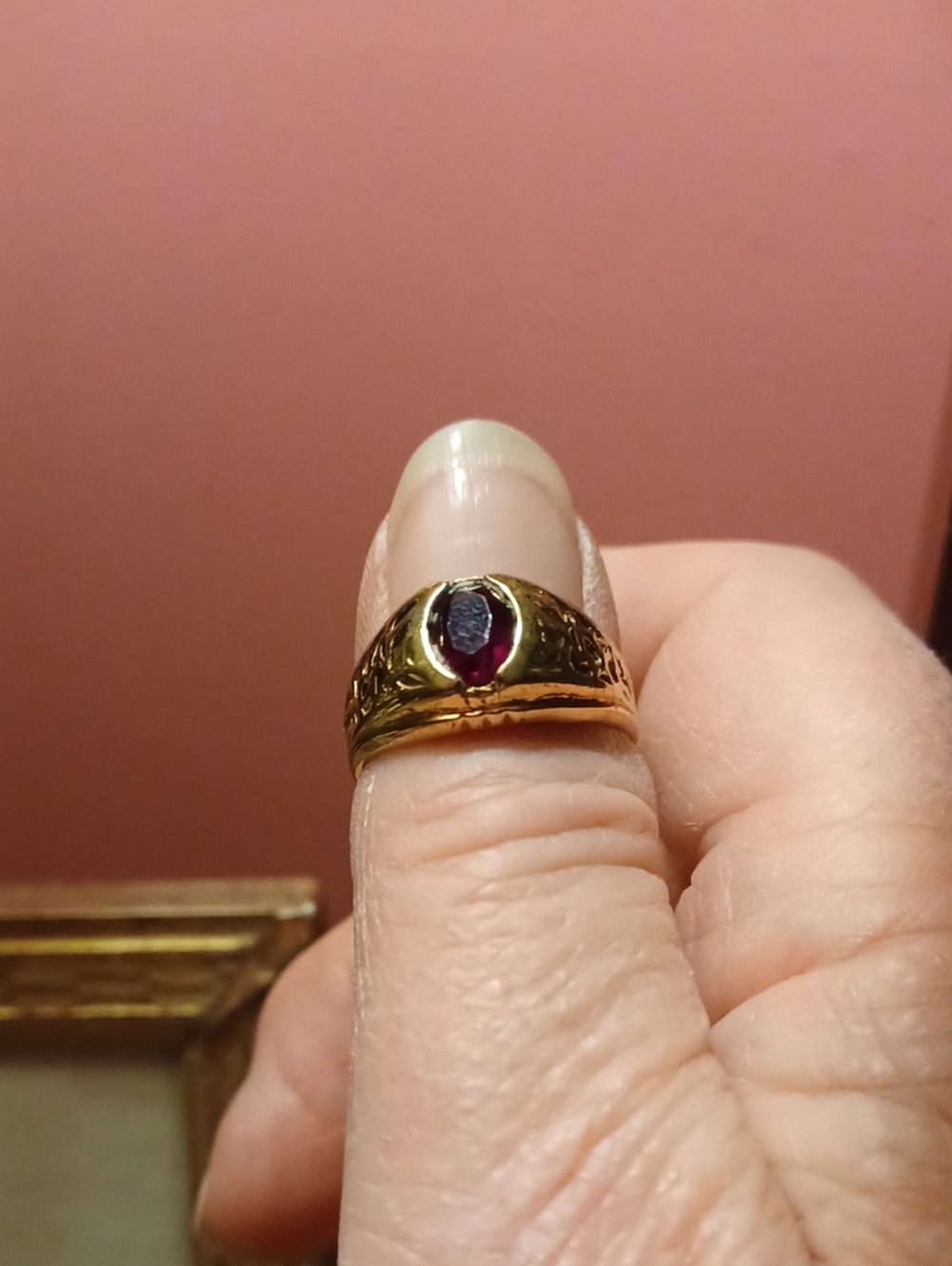 Gold-Tone Women's Ring with Deep Red Center Stone